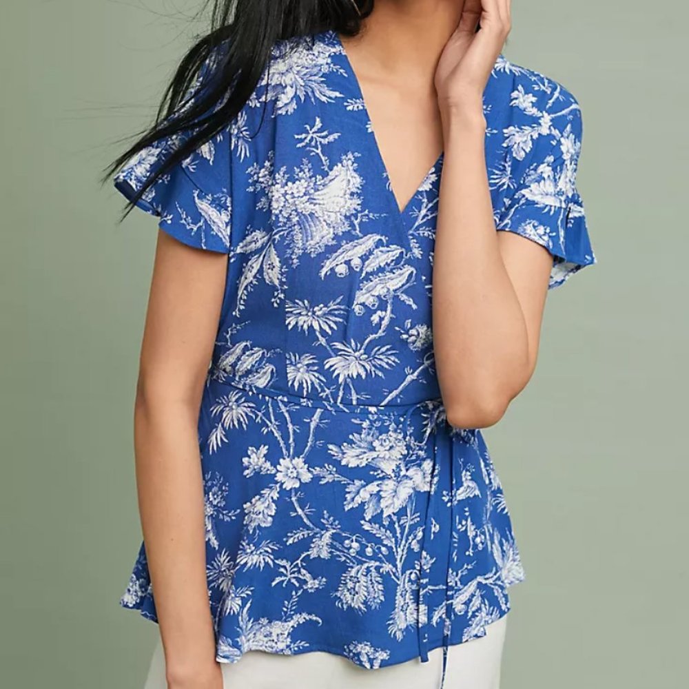 Anthropologie Blue and White Floral Wrap Blouse